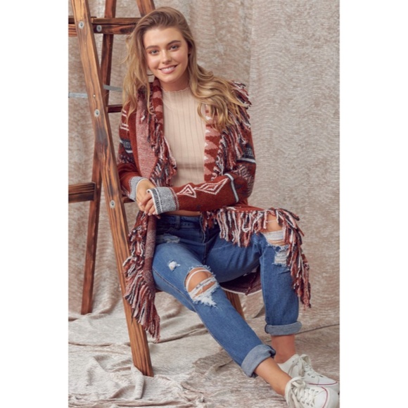 SOLD OUT Cowichan Boho Aztec Native Fringe Print Soft Knit Cardigan Sweater - Picture 5 of 9